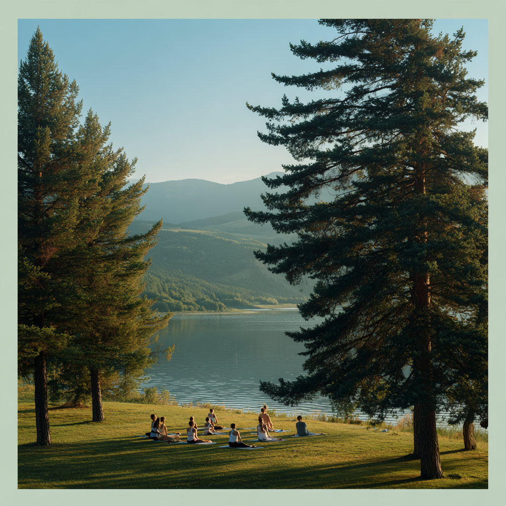 Група хора практикуващи йога на открито